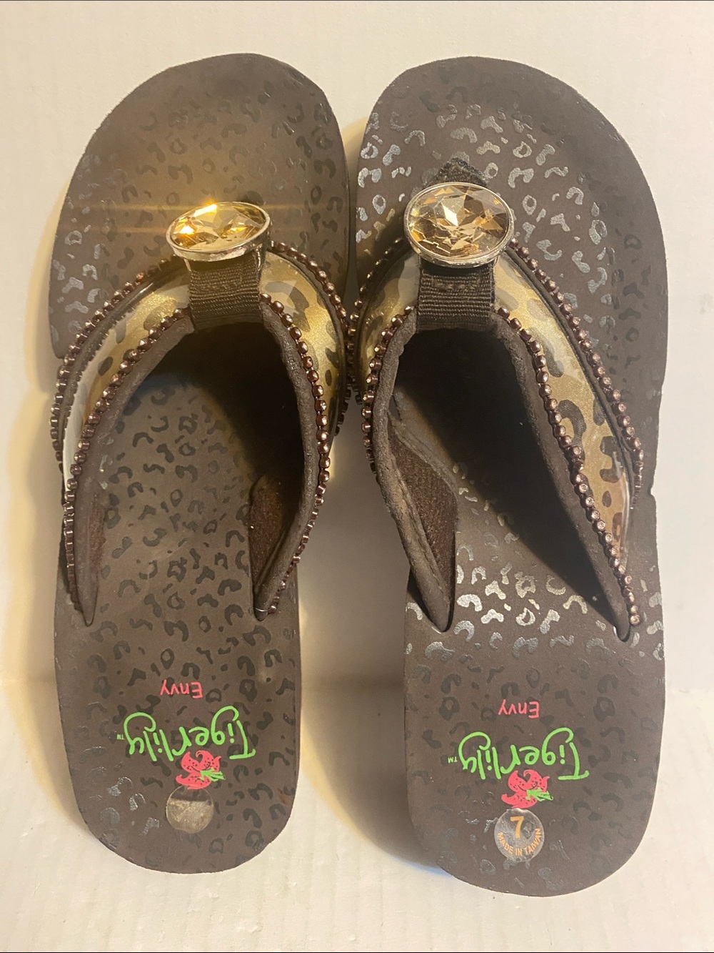Tigerlily Brown Leopard-Print Kids Flip Flops with Jewel Accent